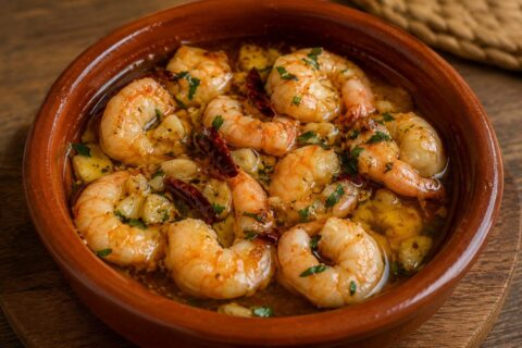 Gambas al ajillo en cazuela de barro con ajo y guindilla